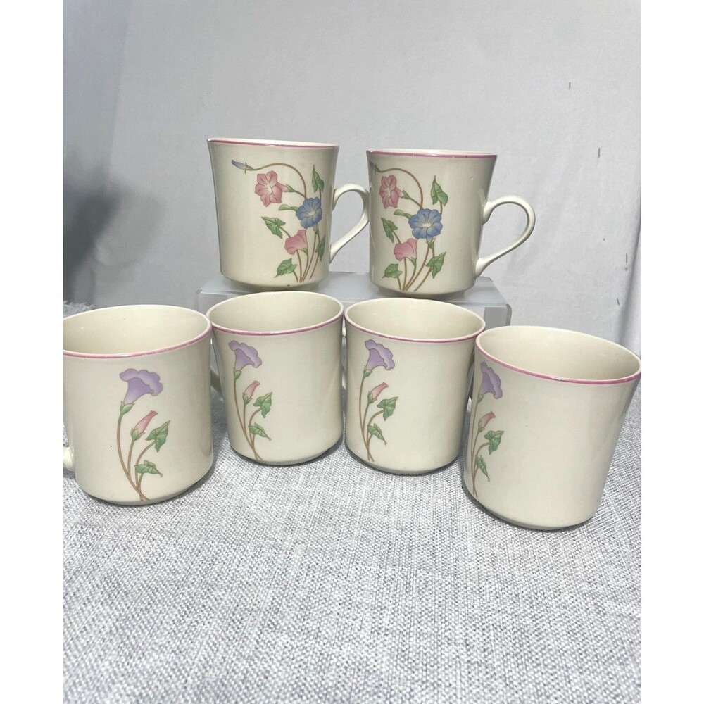 STONE WARE PRIMAVERA 8495 VINTAGE Pingk & Blue Floral COFFEE MUGS SET/6 cups